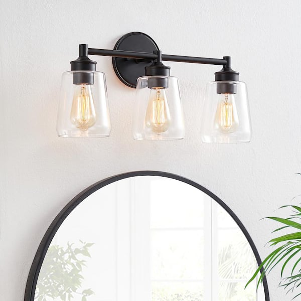 KAWOTI 21.6 in. 3-Light Black Bathroom Vanity Light with Clear Glass Shades