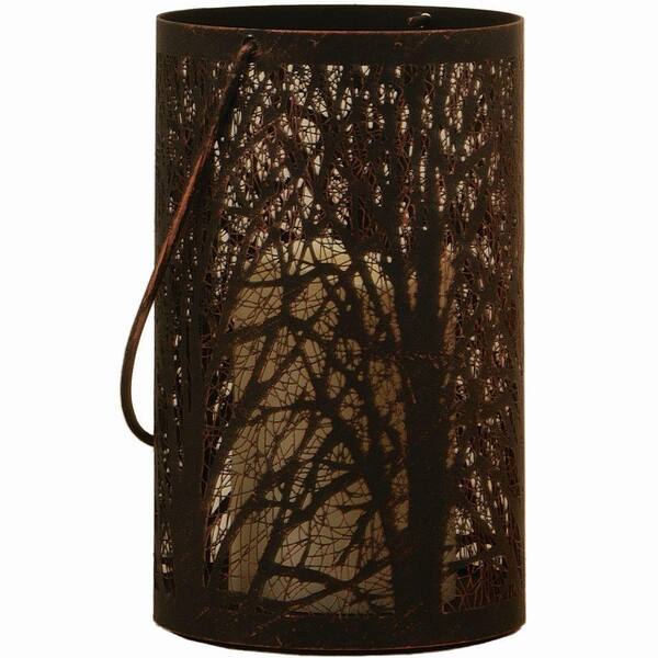 Smart Design Arboretum 8 in. H Metal Cylinder Lantern with Tree Pattern in Antique Black Finish