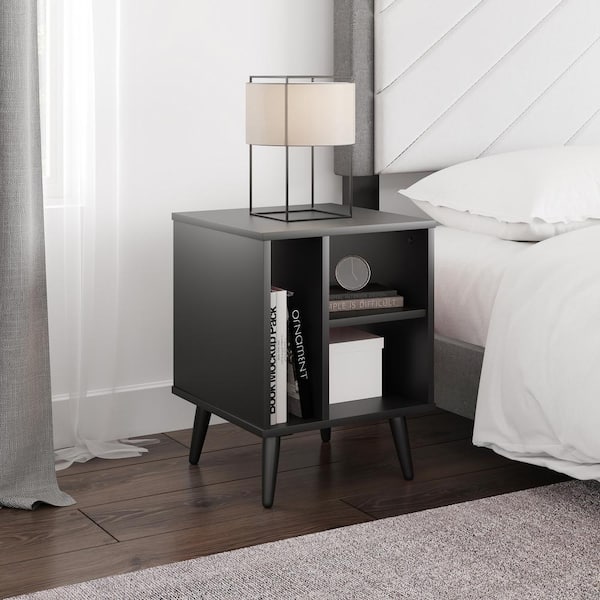 Boyd Sleep Warwick Mid-Century Modern Nightstand with Open Storage Shelving, Black - Bedside Table for Small Spaces
