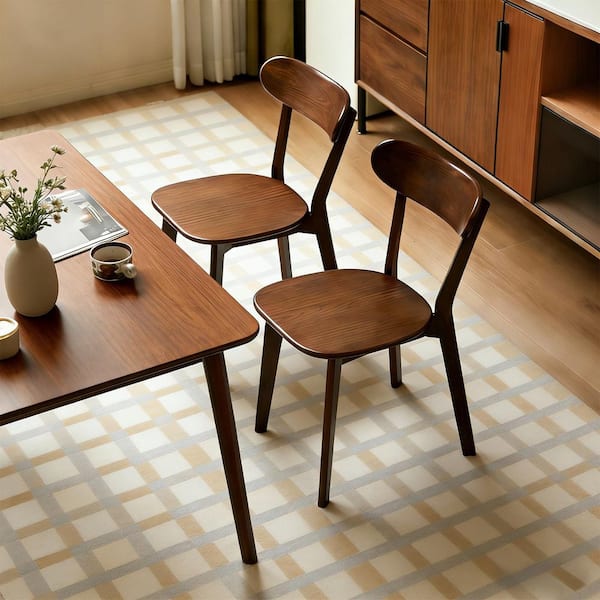 Walnut 100% Natural Solid Wood Mid-Century Modern Dining Chairs with Curved Backrest and Adjustable Foot Pads (Set of 2)