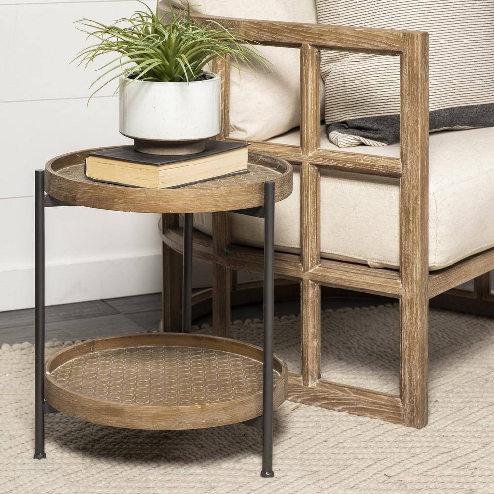 Medium Brown Distressed Wood and Black Metal Round End Table