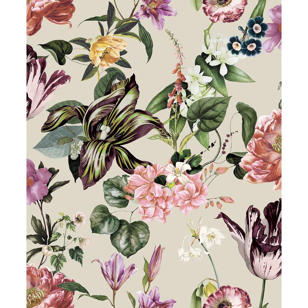 Flora Collection Beige Floral Rhapsody Matte Finish Non-Pasted Vinyl on Non