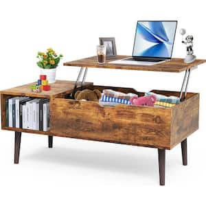 Modern 39.37 in. Rust Brown Small Rectangle Wood Lift Top Coffee Table with Storage Shelf and Hidden Compartment