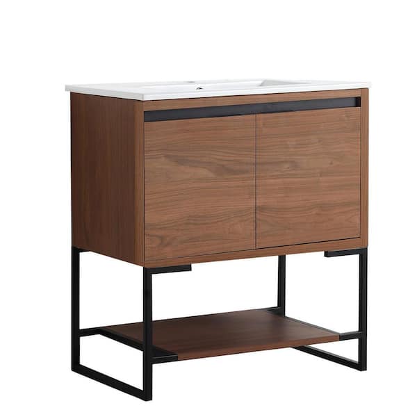 taholi 18 in. W x 32 in. D x35 in. H Bath Vanity in Brown with White Ceramic Top