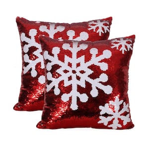 Quay Red and White Snowflakes Sequin 18 in. x 18 in. Christmas Throw Pillow (Set of 2)