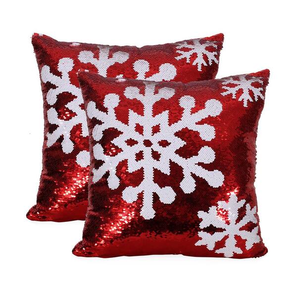Noble House Quay Red and White Snowflakes Sequin 18 in. x 18 in. Christmas Throw Pillow (Set of 2)