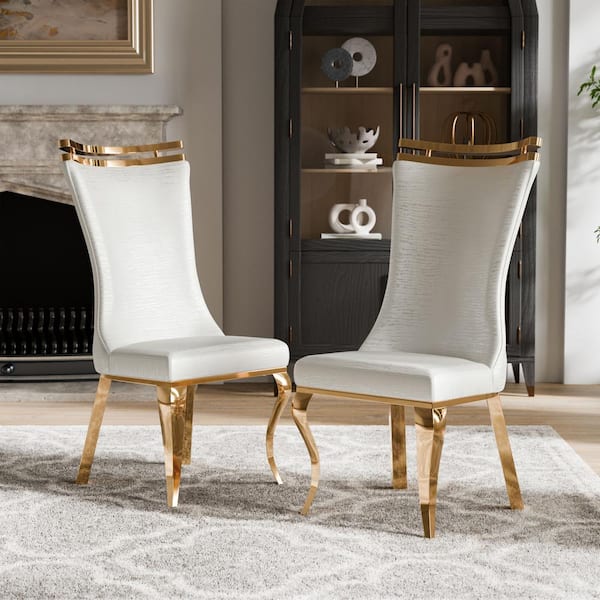 Furniture of America Weirsh White Fabric Upholstered Double Crown Dining Chairs with Gold Saber Legs (Set of 2)