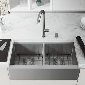 Handmade 36-in Stainless Steel Double-Bowl Flat Apron Front Farmhouse Kitchen Sink Workstation with Accessories