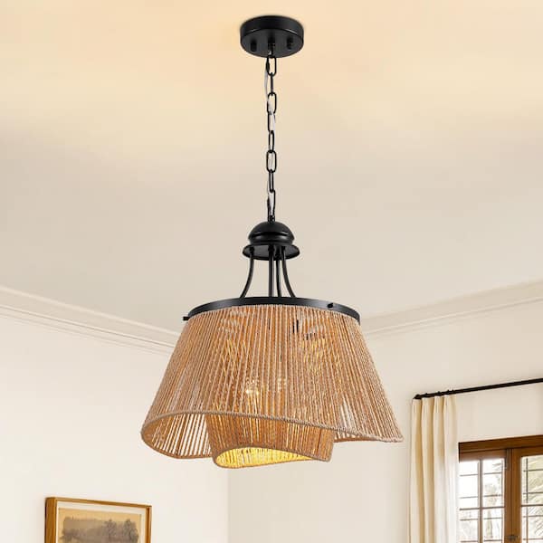4-Light Brown Boho 2-Tier Rattan Paper Rope Adjustable Height Pendant Chandelier for Kitchen Islands No Bulbs Included