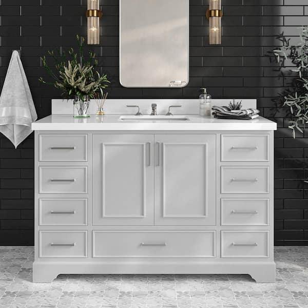 ARIEL Stafford 55 in. W x 22 in. D x 36 in. H Single Sink Freestanding Bath Vanity in Grey with Pure White Quartz Top