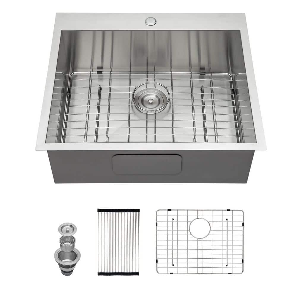 25 in. Drop-in Single Bowl 16 Gauge Brushed Nickel Stainless Steel Kitchen Sink with Drain price history on PriceWatchPro