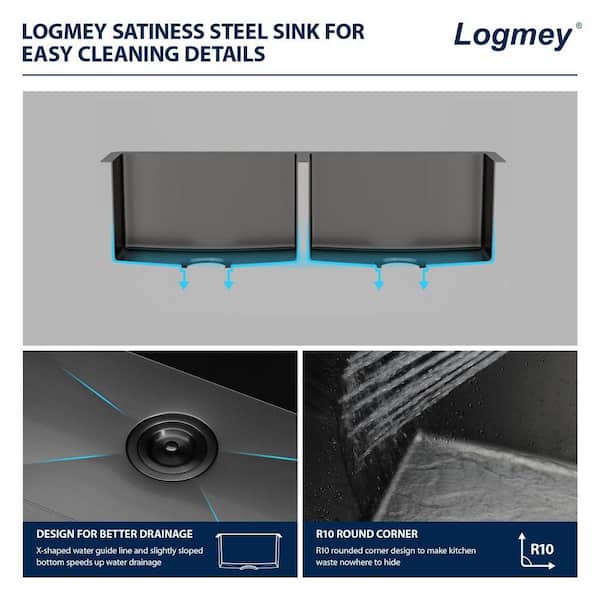 Logmey 33 in. Undermount Double Bowl 50/50 Sink Gunmetal Black 16