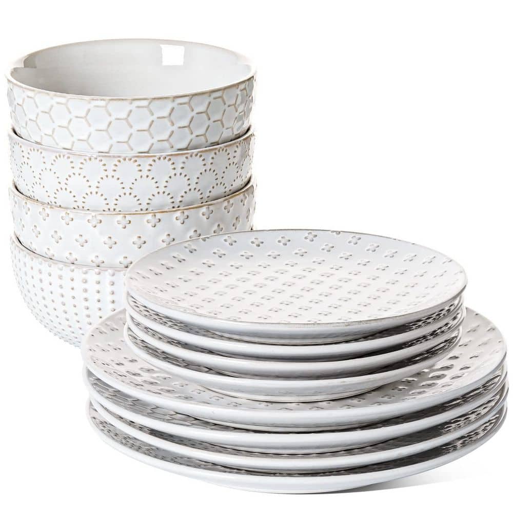 12 PCS Dinnerware Set Ceramic Plates and Bowls 10 Plate 8 in 26 oz Bowl Oven Safe Arctic White x4 Family price history on PriceWatchPro
