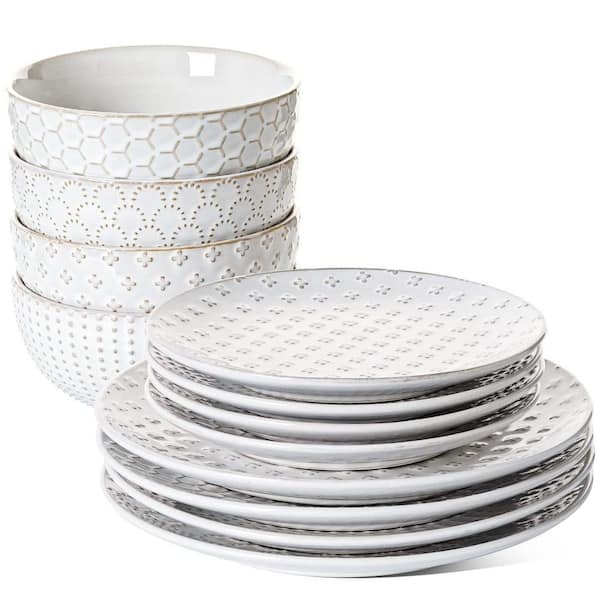 12 PCS Dinnerware Set Ceramic Plates and Bowls 10 Plate 8 in 26 oz Bowl Oven Safe Arctic White x4 Family
