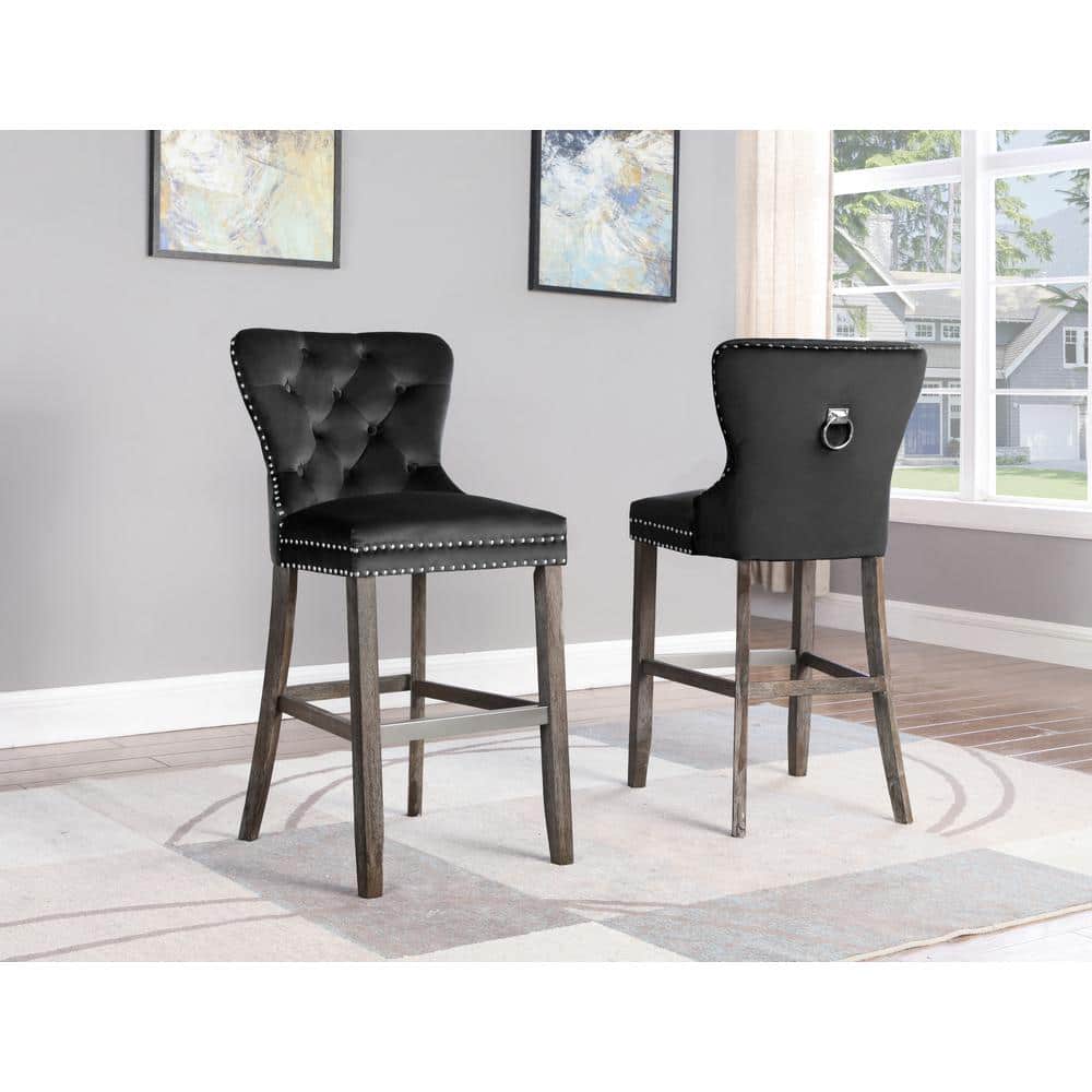Black Velvet Tufted Bar Stools with Wood Legs and Chrome Footrest (Set of 2)