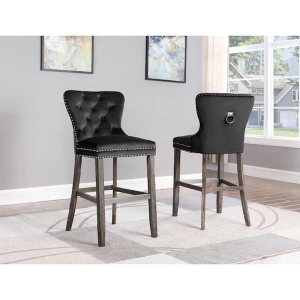 Maya 45 in. H Black Velvet Upholstered Full Back Bar Stool with Wood Legs, Nail Head Trim and Back Ring (Set of 2)