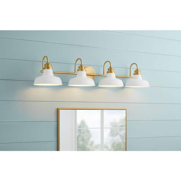 Hampton Bay Elmcroft 38 in. 4-Light Brushed Gold Farmhouse Vanity with Designer White Metal Shade