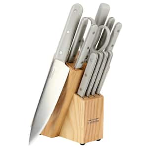 12 Piece Stainless Steel Cutlery and Wood Block Set in Light Grey
