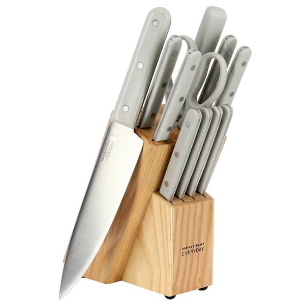 MARTHA STEWART EVERYDAY 12 Piece Stainless Steel Cutlery and Wood Block Set in Light Grey