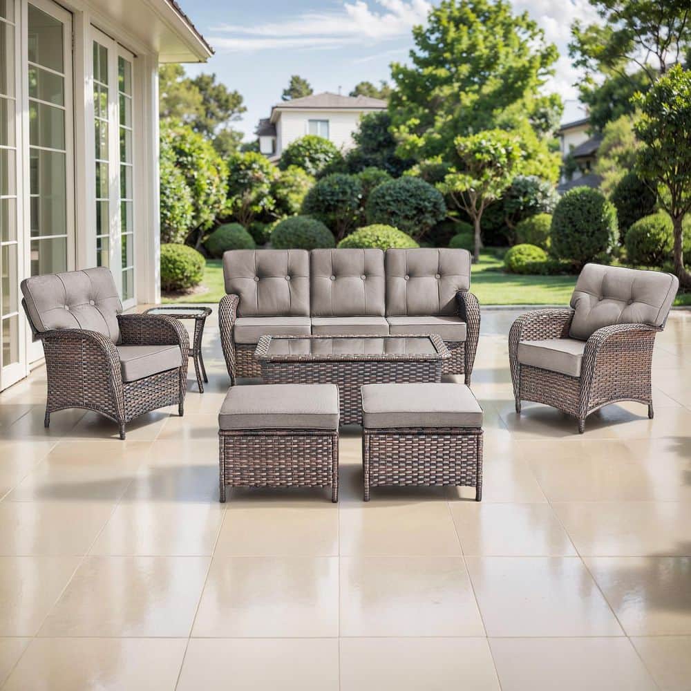 TWrap Brown 7-Piece Wicker Patio Conversation Set with Armchairs, Sofa Seating Set with Olefin Gray Cushions price history on PriceWatchPro