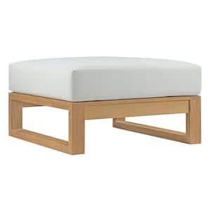 Upland Outdoor Patio Teak Ottoman in Natural with White Cushion