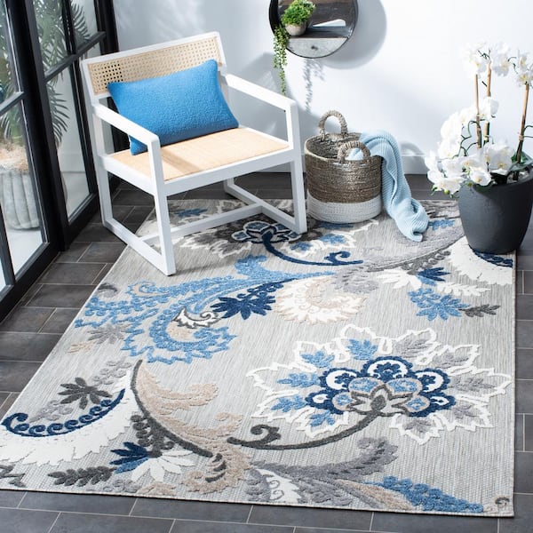 Cabana Gray/Blue 3 ft. x 3 ft. Floral Scroll Indoor/Outdoor Square Area Rug
