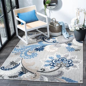 Cabana Gray/Blue 9 ft. x 12 ft. Floral Scroll Indoor/Outdoor Patio  Area Rug