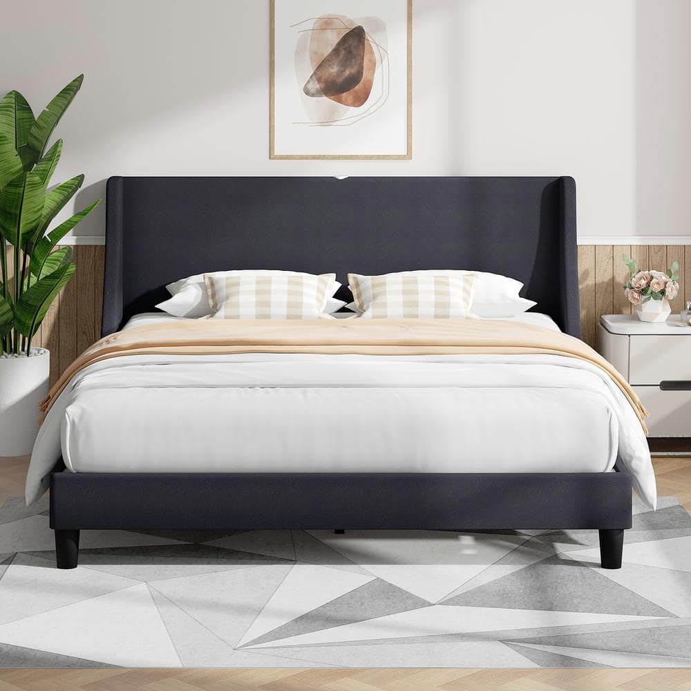 VECELO Upholstered Bed Frame With Headboard And Wingback, Dark Grey ...