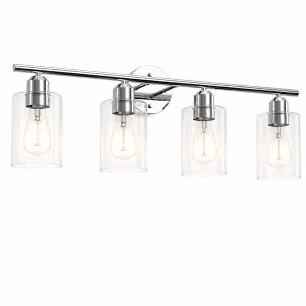4-Light Polished Chrome Indoor Bathroom Vanity Light, Cylinder Glass Shades, Farmhouse, 26.8 x 10.4