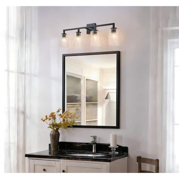 30.7 in. 4-Light Matte Black Bathroom Vanity Light with Clear Prismatic Glass Shades