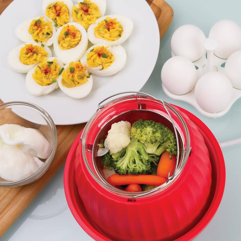 Compact Red Electric Food Steamer and Egg Cooker