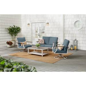 Marina Point 4-Piece White Steel Outdoor Patio Conversation Seating Set with Sunbrella Denim Blue Cushions