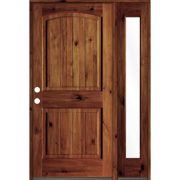 Krosswood Doors 56 in. x 80 in. Rustic knotty alder Right-Hand/Inswing Clear Glass Red Chestnut Stain Wood Prehung Front Door with RFSL