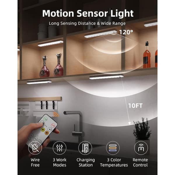 9.06 in. 6-Pack Battery Operated Wireless USB Charging White Integrated LED Linkable Under Cabinet Light, Closet Light