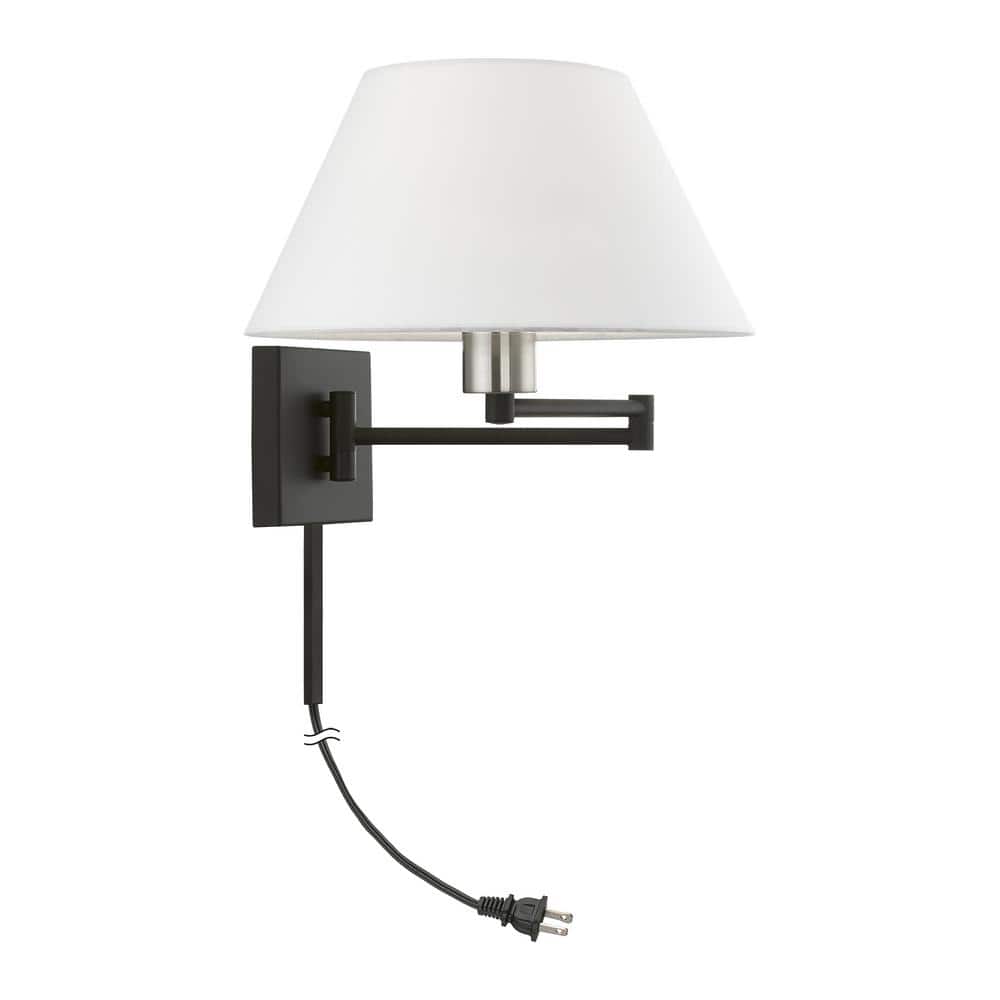 Black and Brushed Nickel Swing Arm Wall Sconce with Fabric Shade