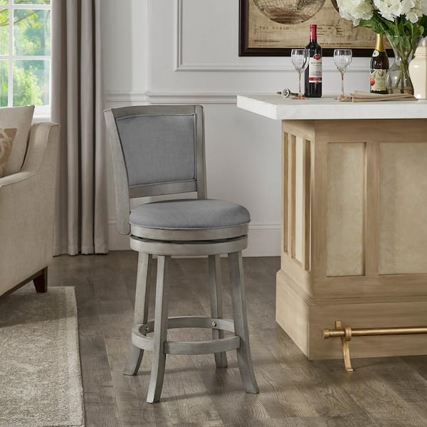 24.37 in. Antique Gray Finish Wood Frame Grey Upholstered Back Swivel Counter Height Stool
