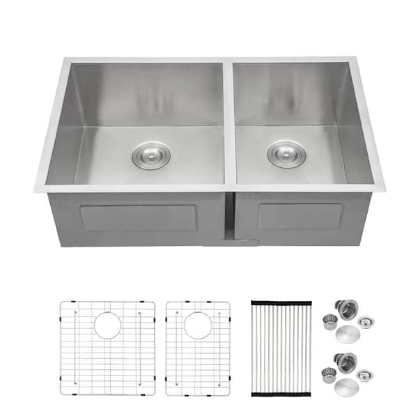 32 in. Undermount 60/40 Double Bowl 16 Gauge Stainless Steel Kitchen Sink with Accessories