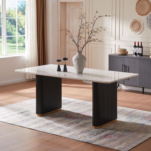 Luxury Faux Marble Top Dual Column Base Dining Table Rectangular Metal Frame in White for Kitchen Seats of 6