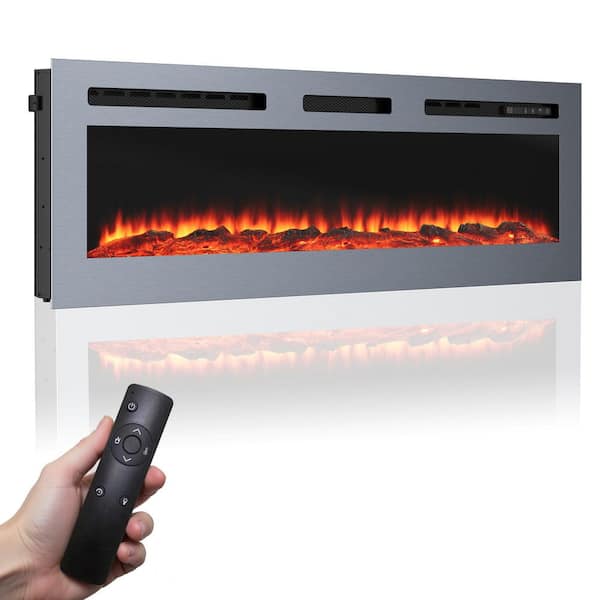 60 in. Stainless Steel Wall Mounted Electric Fireplace with Remote Control in Silver