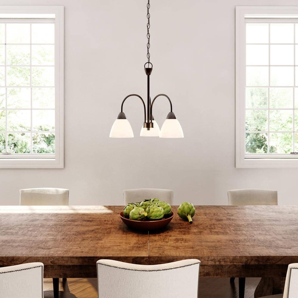 Bronze Mini 3-Light Chandelier with White Glass Shades