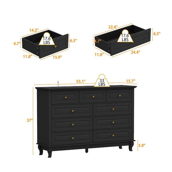 Kingdely Black 9-Drawer 55.1 in. Wide Chest of Drawers with Metal