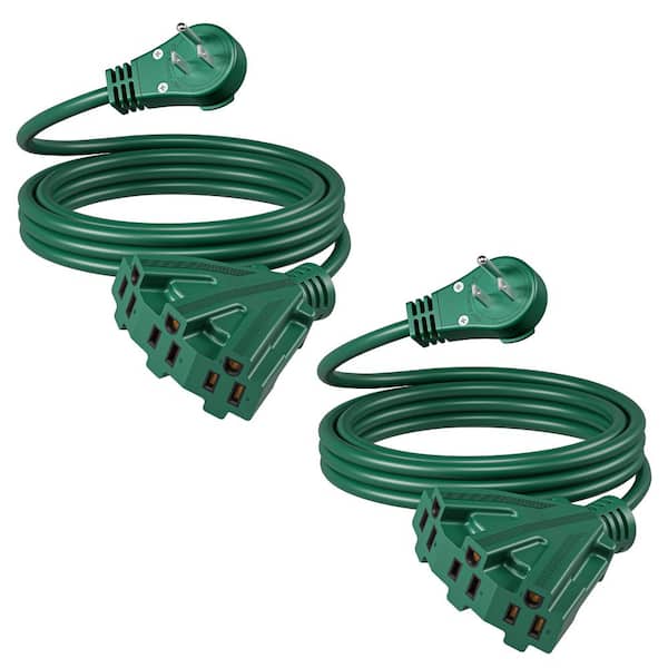 2-Pack 10 ft. 16/3 3-Outlet Outdoor Extension Cord, 13A 360° Rotating Flat Plug Weatherproof Grounded Power Cord, Green