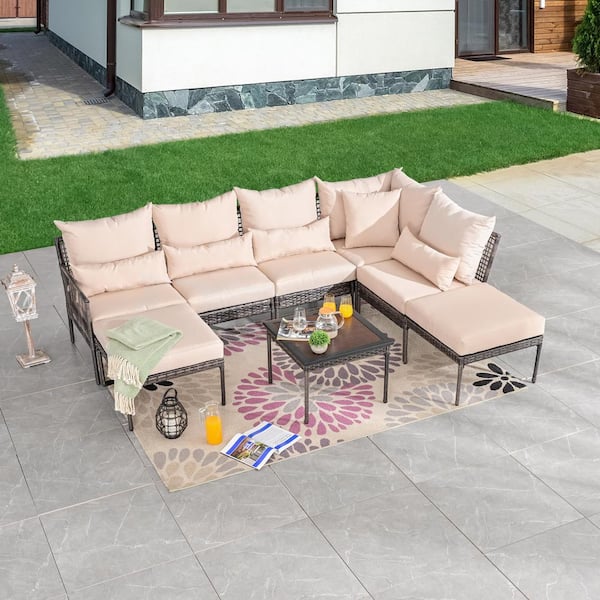 Patio Festival 8-Piece Wicker Outdoor Conversation Set with Beige Cushions