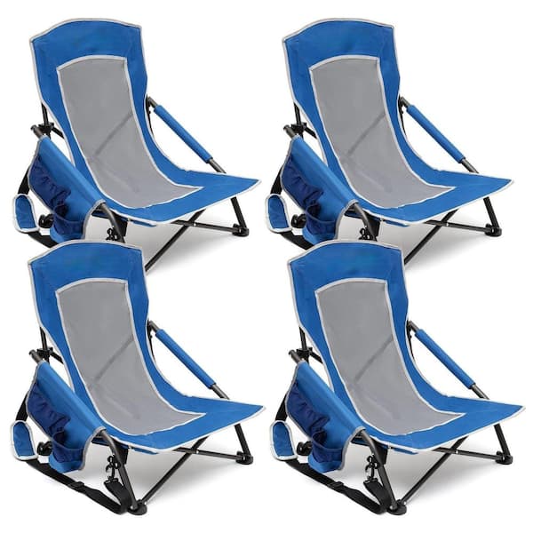 Mondawe 4-Piece Blue Metal Patio Folding Beach Chair Lawn Chair Camping Chair with Side Pockets and Built-in Shoulder Strap