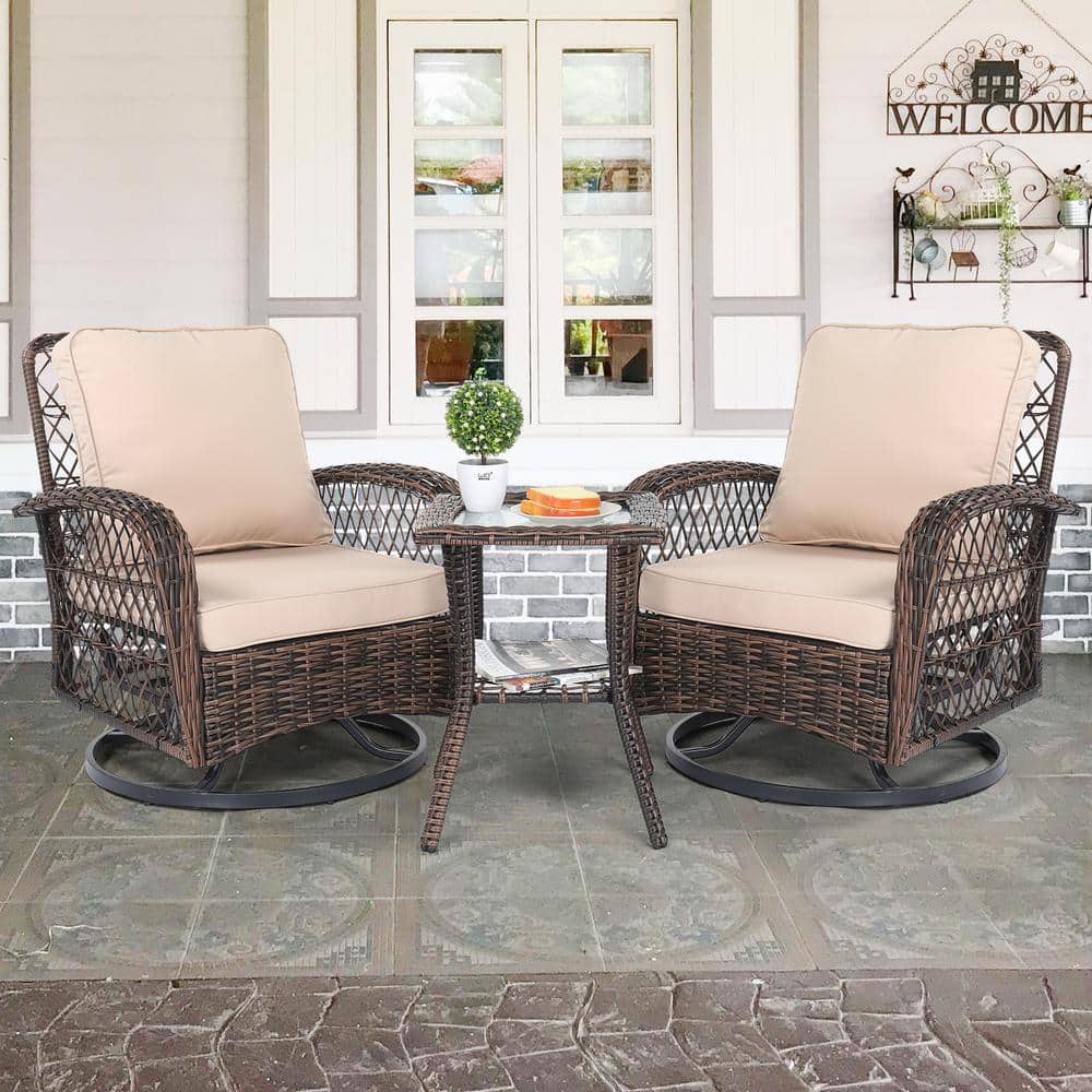 Brown Gradient Wicker Patio Bistro Set with Cushions and Glass Table