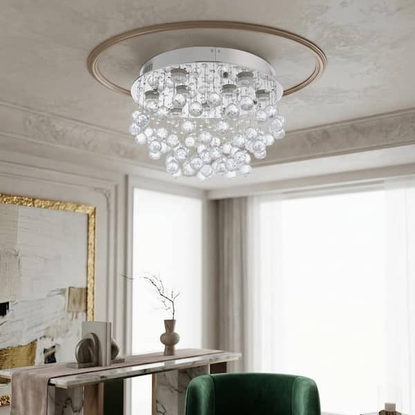 OUKANING 19.7 in. 9-Light Silver Modern Crystal Semi-Flush Mount