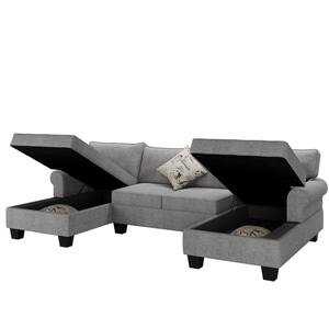 Angel 116 in W Round Arm 3-piece 100% Polyester U Shaped Modern Sectional Sofa in Gray w/Storage