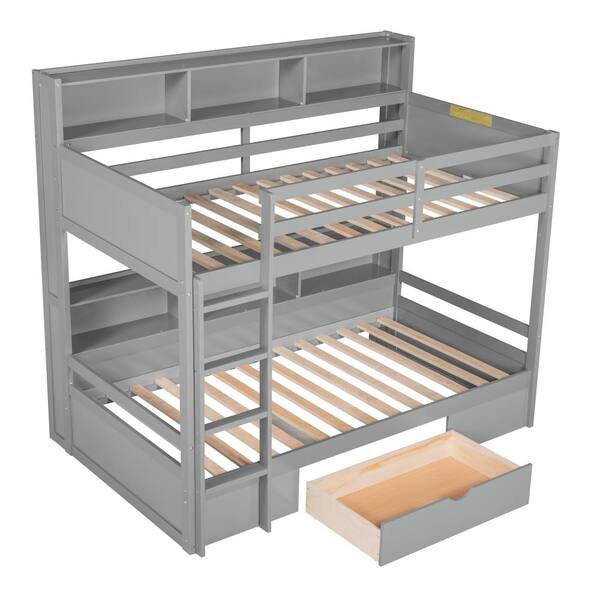 Nestfair Gray Wood Twin over Twin Bunk Bed with Built-in Shelves and ...
