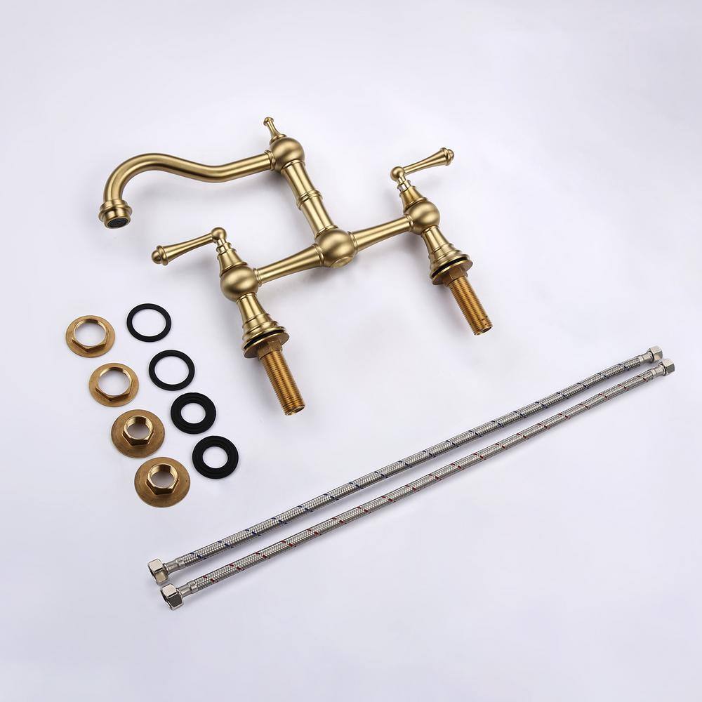 Brushed Gold Double Handle High-Arc Wall Mount Kitchen Faucet