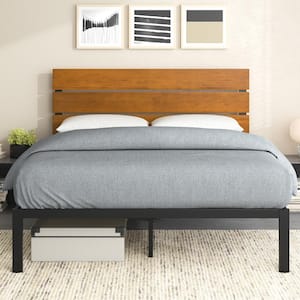 Brown Metal and Bamboo Frame Queen Platform Bed with Wood Slat Support